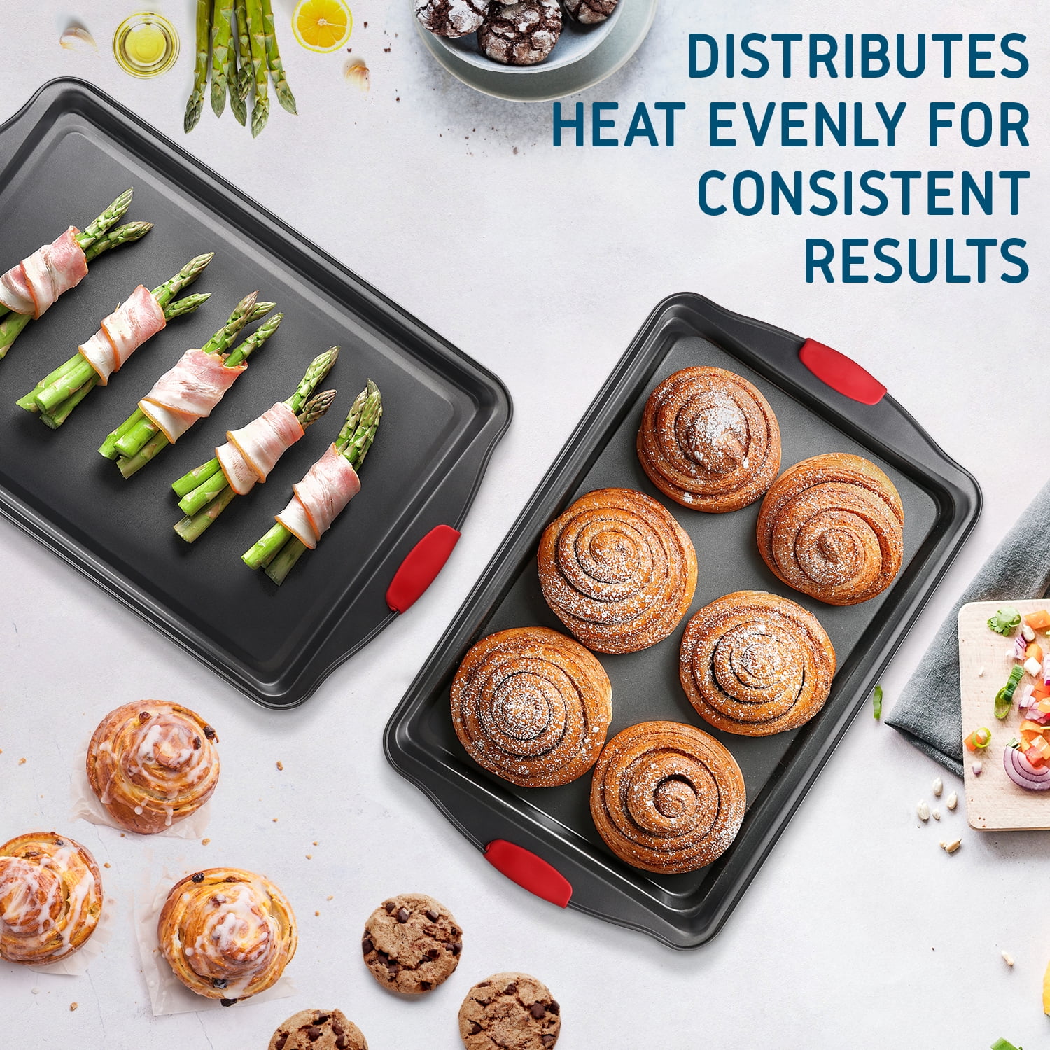 LammaLoe Baking Pans Carbon Steel, Non Stick Cookie Sheet Set with Silicone Handle, Baking Sheet, 2 Large Pieces, Black