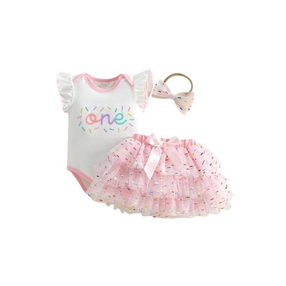 RUINIXCW Baby Girl First Birthday Cake Mesh Outfit 1st Birthday Clothes One Years Old Rainbow Sprinkles Fly Sleeve Romper Tulle Tutu Skirt Headband 3 Piece Set