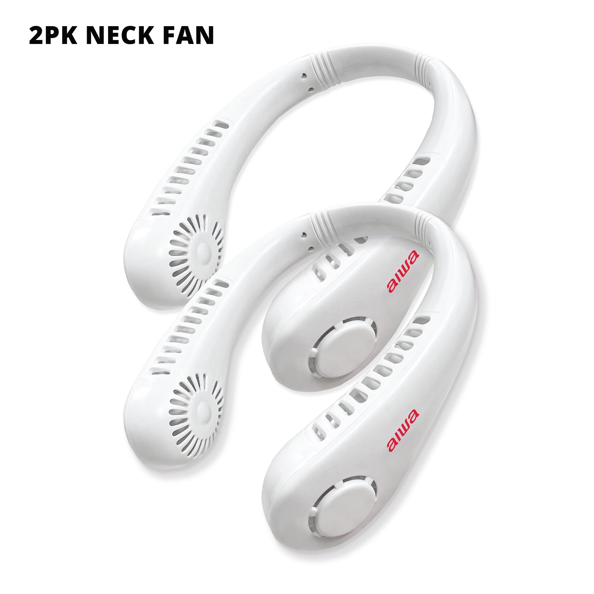 Aiwa Rechargeable Neck Fan, 2 Pack Wearable Portable Fan with 3 Speeds, USB-C Charging, Flexible Neckband, Lightweight Hands-Free Cooling, White