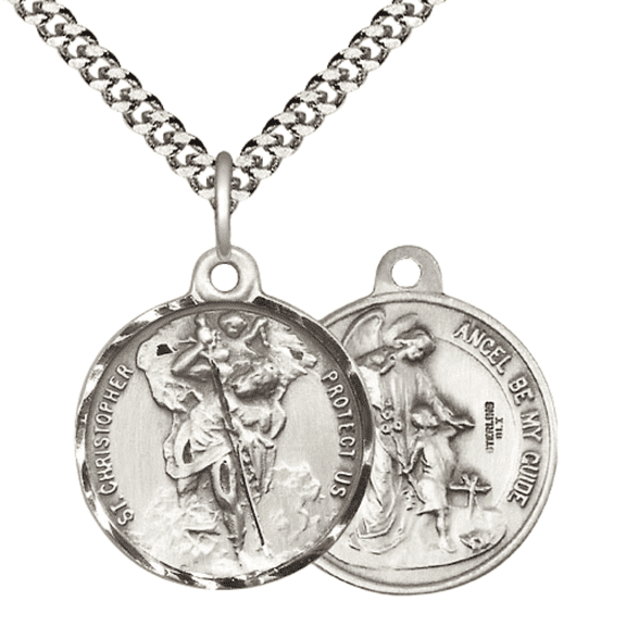 .925 Sterling Silver Saint Christopher Medal Pendant on 24 Inch Endless Rhodium Plated Heavy Curb Chain -Catholic Religious Necklace Made in USA, Deluxe Velvet Gift Box