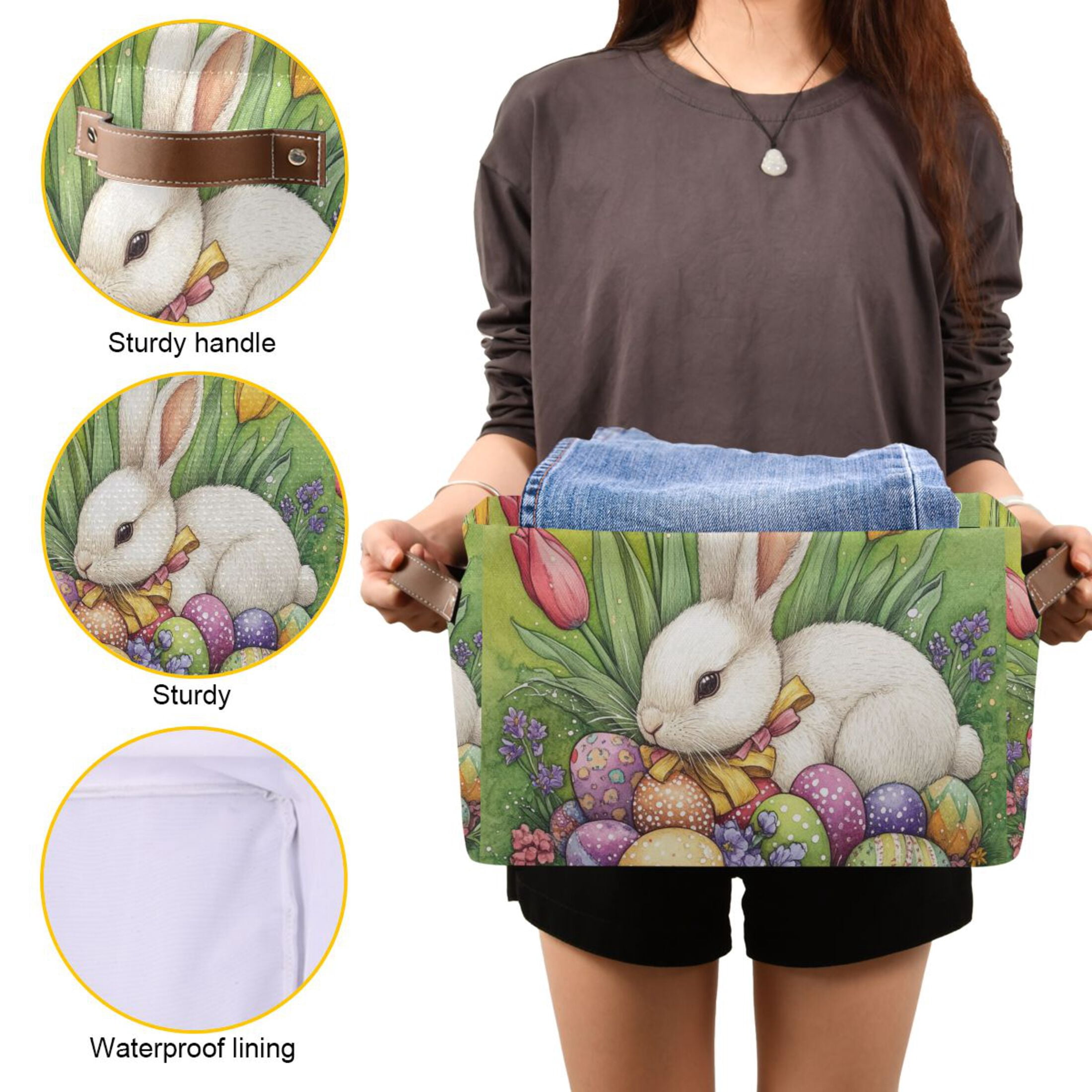 WOBOGO Easter White Bunny Square Storage Basket with Waterproof Canvas and PE Lining Durable PU Leather Handles 14.2×10.2×8.3in