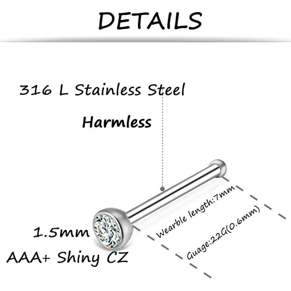 GHRTGR-100Pcs Bone Nose Studs Stainless Steel Multicolor Cubic Zirconia Nose Rings Stud Hoop Tragus Cartilage Nose Ring Labret Nose Piercing Pin Jewelry for Women Men 1.5mm 2mm 2.5mm 20G 22G