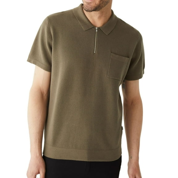 Frank & Oak Mens Cotton Knit Zip Placket Polo Shirt, Green, XX-Large