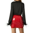 thumbnail image 4 of KOMOO Women Tie Front Blouse Feather Long Sleeve Ruffle Drawstring Cardigan Crop Top Satin Shirt Tops, 4 of 7