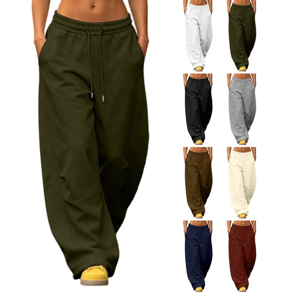 XRoczxe Women Fleece Lined Wide Leg Sweatpants Drawstring Elastic Waist Wrinkle Resistant Soft Thermal Casual Trousers Multi Solid Cool Streetwear Colors