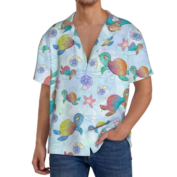 Fotbe Colorful Sea Turtle Camisa Estampada de Manga Corta para Hombre, Casual de Verano, Estilo Playero, Sin Arrugas-Small