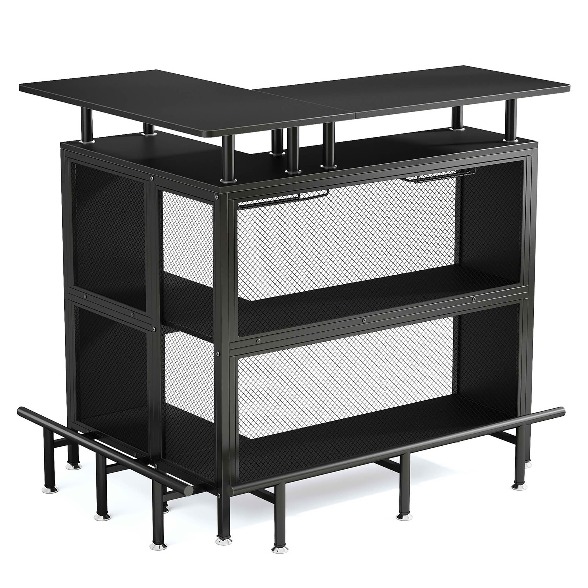 MAYEERTY L Shaped Home Bar Unit, Corner Liquor Bar Table with Glasses Holders and Storage Shelves for Home Entertaining