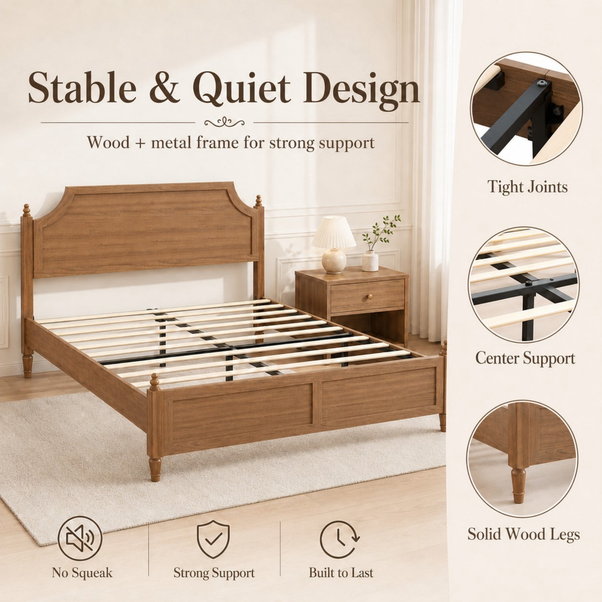 DEALTOPS Queen Size Platform Bed Frame with Headboard & Footboard, Wood Farmhouse Bed, No Box Spring, Brown