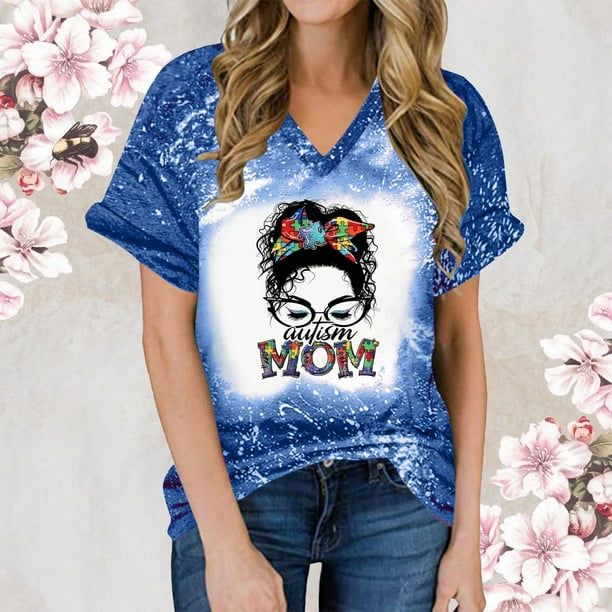 Fiudx Tops para Mujer Top de Manga Corta con Estampado Degradado para Mujer, Top Sexy de Verano con Cuello En V y Estampado Regular para El Día Del Mes