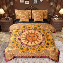 Manfei Boho Sun Sunflower 7 Pieces Bedding Comforter Set,Bohemain Exotic Style Full Bedding Set,Orange Paisley Flowers Fitted Sheet Flat Sheet For Men Women,Breathable Home Decor Reversible
