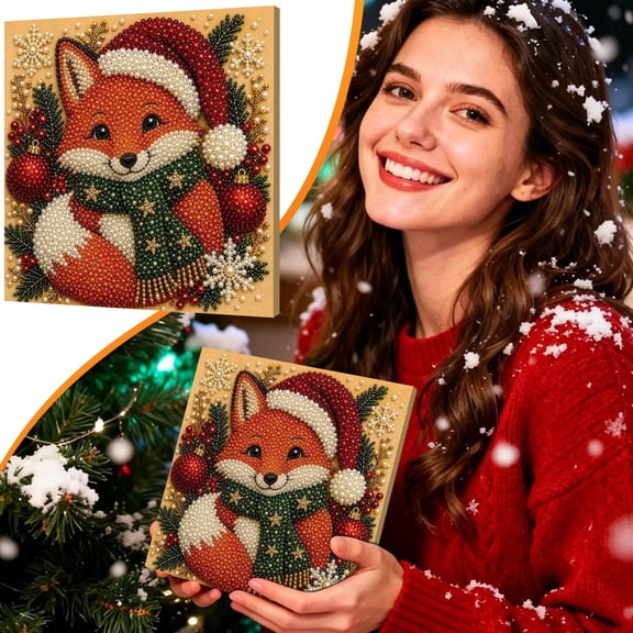 Cute Fox Rhinestone Gem Art Kit with Santa Hat, DIY Beaded Canvas Home Decor for Christmas Holiday, Winter Holiday Wall Hanging Craft, Red Green, 1-Pack