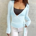 thumbnail image 2 of Blusa corta de manga larga con cuello en V profundo y lazo para mujer: corte ajustado, color liso, tirantes ajustables, tallas S-L para hacer ejercicio o llevar de forma informal., 2 of 5