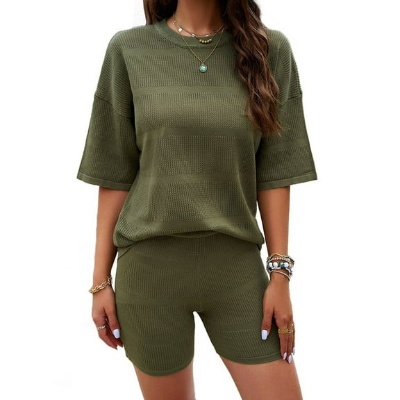 Women 2 Piece Crochet Outfits Summer Knit Lounge Sets Short Sleeve Tops and Shorts Beach Set Summer Vacation Green L