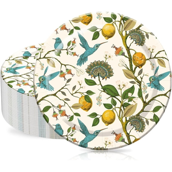 Lemon Paper Plates Vintage Bird Leaves Disposable Plates Decorative Dessert Appetizer Plate for Spring Summer Wedding Birthday Dinner Party Supplies