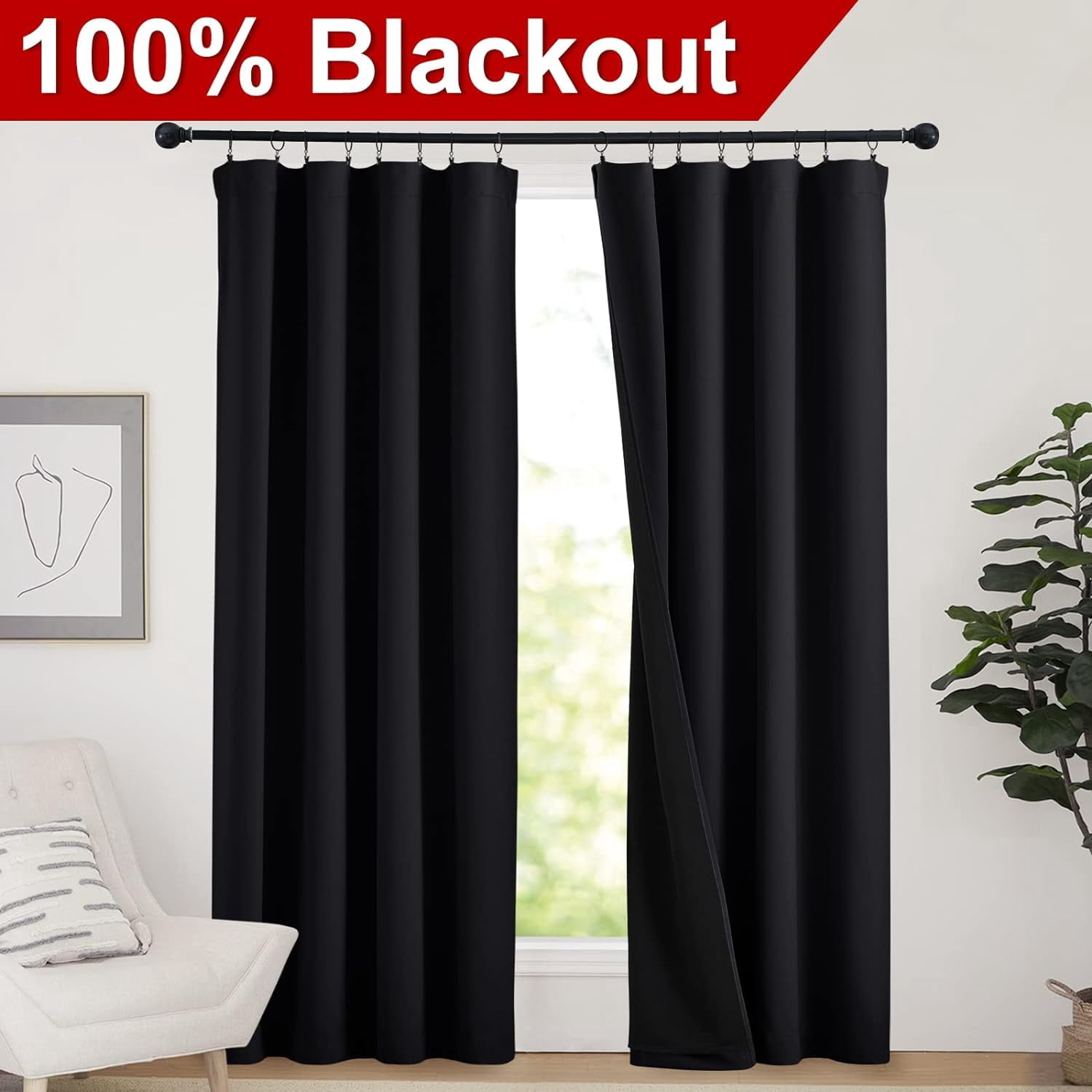NICETOWN Blackout Curtains for Bedroom, Thermal Insulated Soundproof 100% Light Blocking Drapes 2 Layers Full Blackout Rod Pocket Energy Efficiency Curtains with Black Liner, Black, 52"x84", 2 Panels