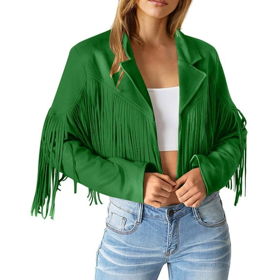 HANXIULIN Ladies Fashion Solid Color Fringe Faux-Leather Jacket Fashion Fringe Motorcycle Cropped Jacket Green S