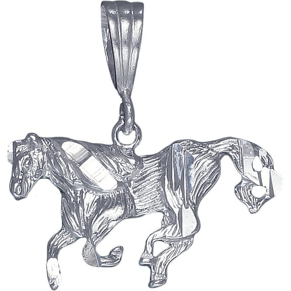Sterling Silver Horse Charm Pendant Necklace with Diamond Cut Finish and 18 Inch Rolo Chain