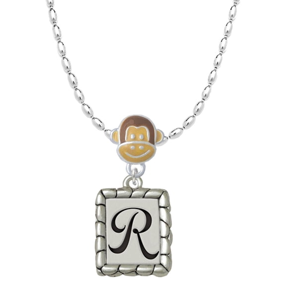 Delight Jewelry Silvertone Pebble Border Initial - R Mia Monkey Charm Necklace