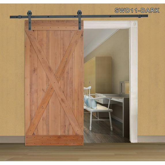 TMS 36 in. x 84 in. X Overlay Primed Natural Wood Finish Sliding Barn Door with Sliding Door Hardware Kit SWD11-Dark