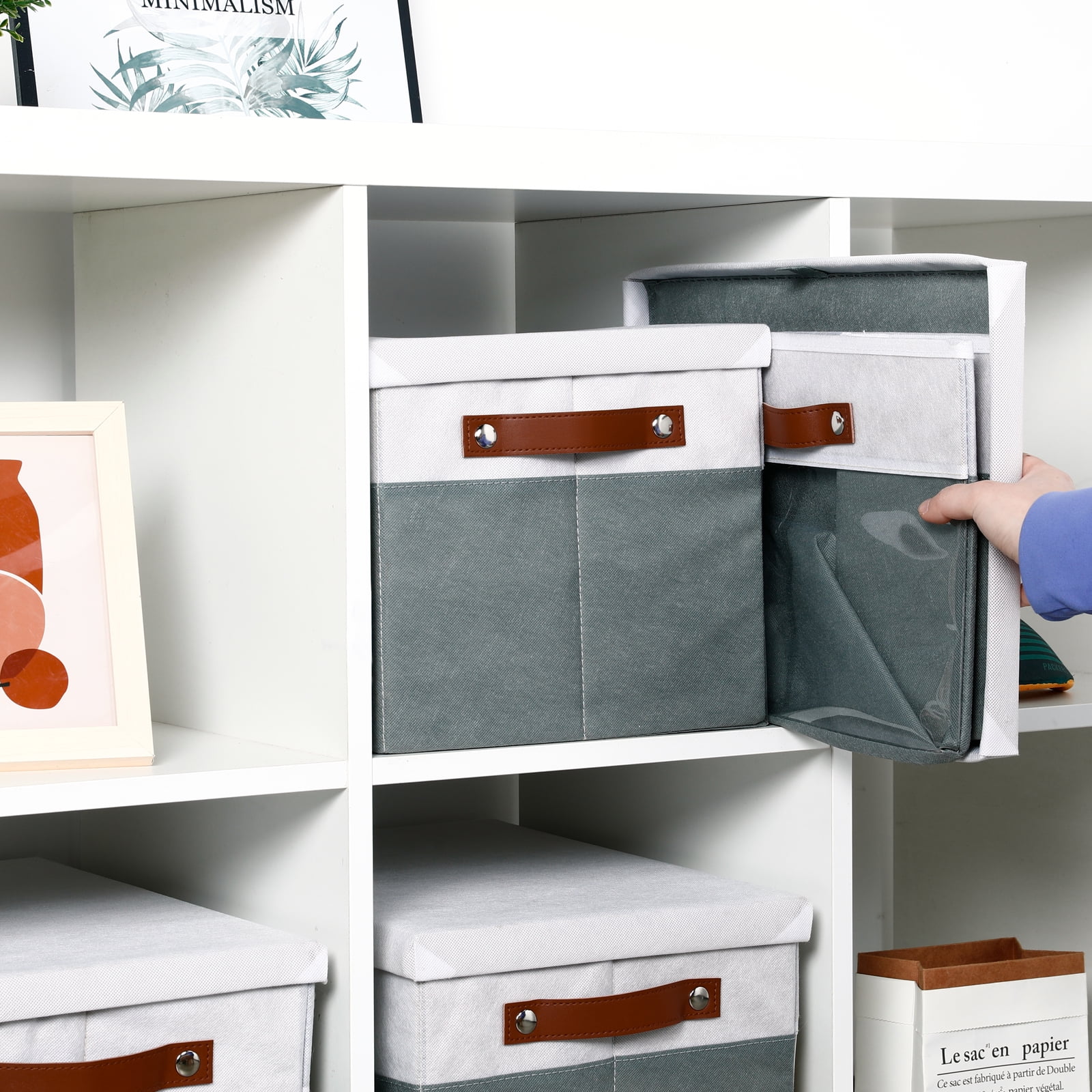 Bidtakay Collapsible Storage Bins with Lid 15 x 11 x 9.7 inch 4-Pack Fabric Closet Organizer with Clear Window Storage Baskets for Shelves Organization (White&Grey)