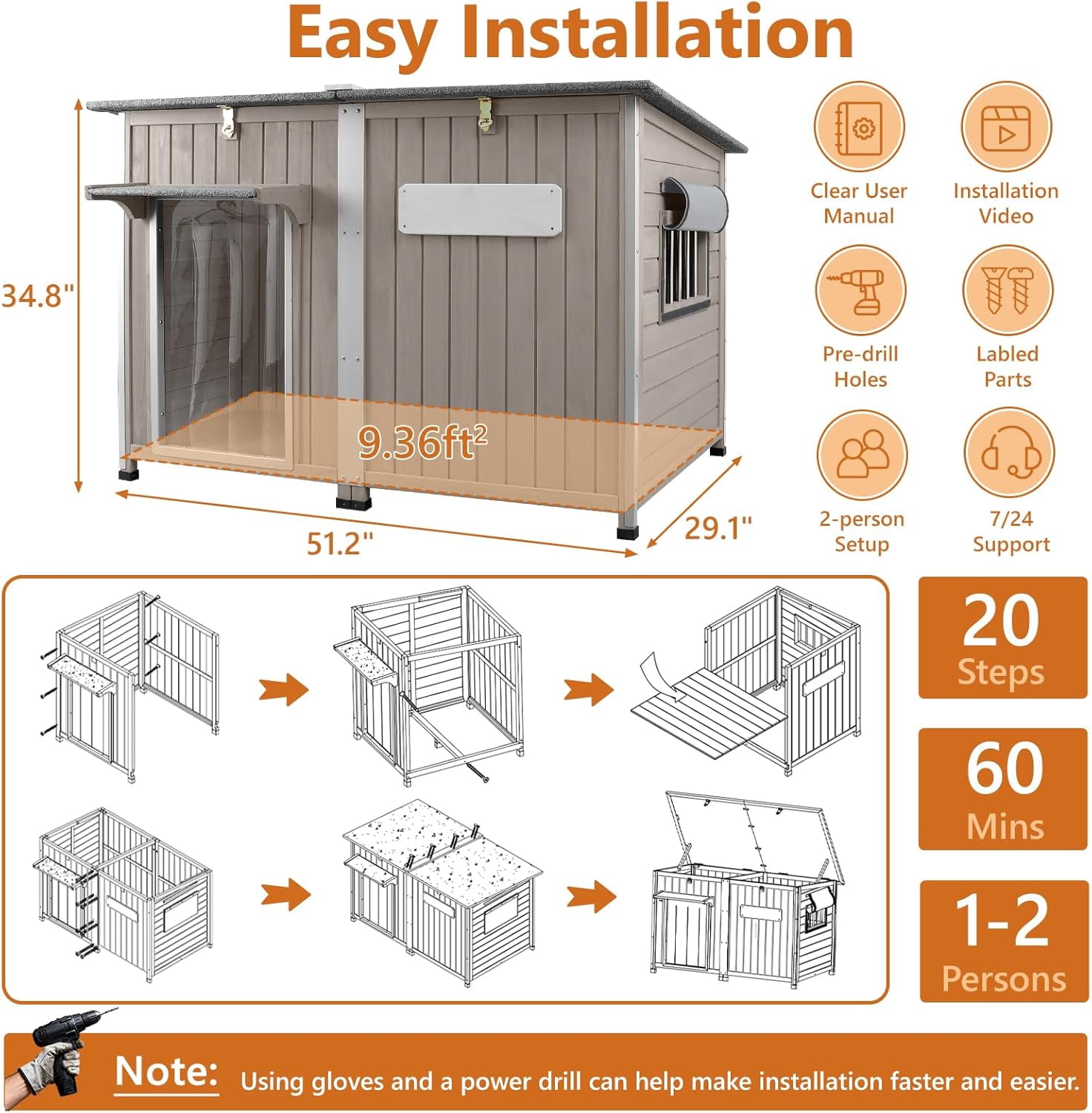 PETSCOSSET 55"L Outdoor Wooden Dog House with Weatherproof Asphalt Roof,  for Medium to Large Dogs
