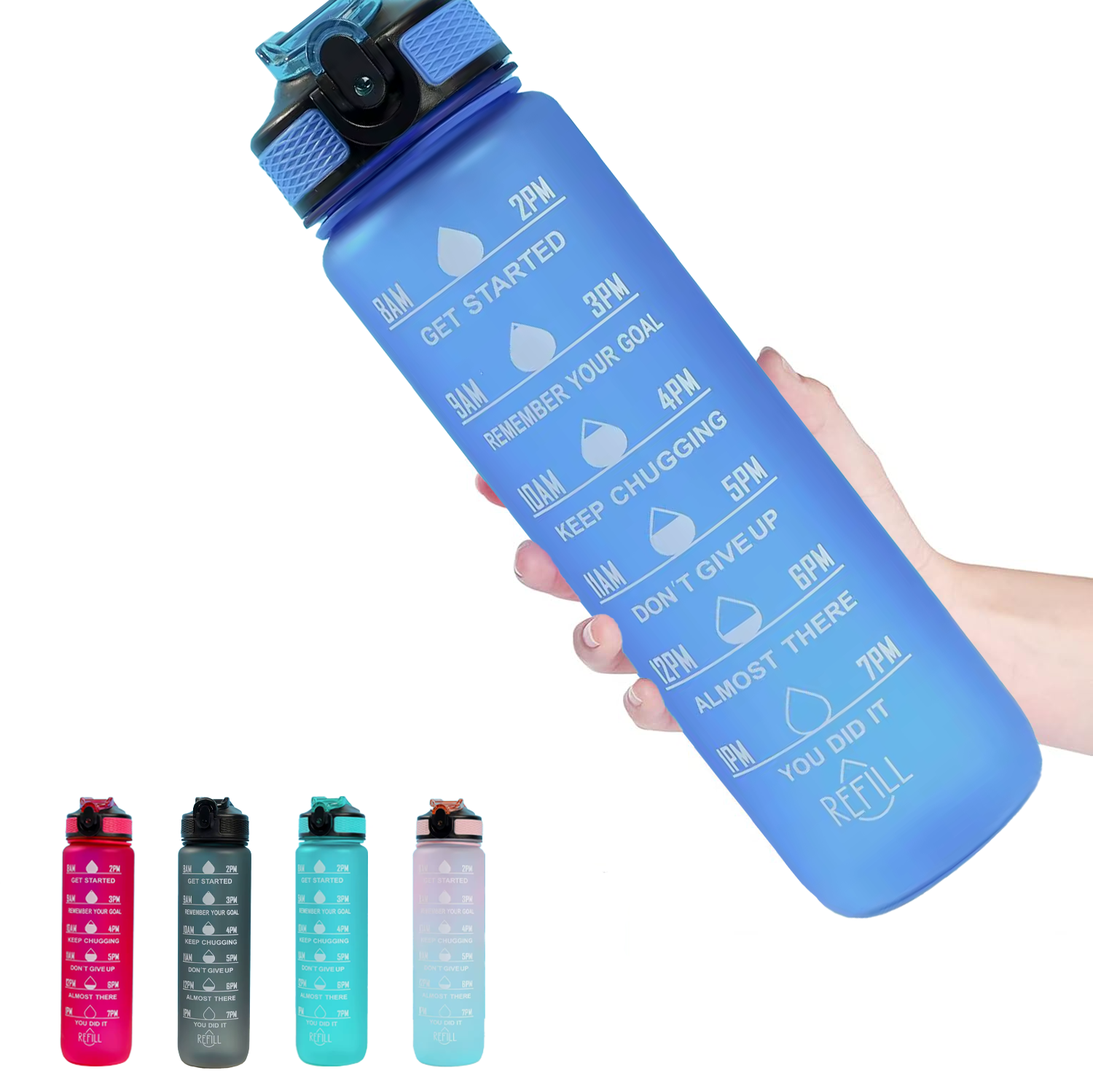 Medstation Motivational with Time Marker 32 oz Blue Tritan Plastic Water Bottle with Carry Strap