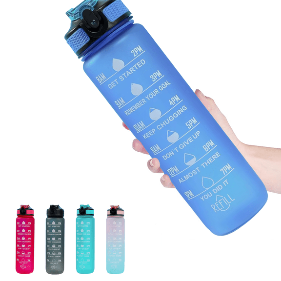 Medstation Motivational with Time Marker 32 oz Blue Tritan Plastic Water Bottle with Carry Strap