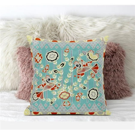 

Amrita Sen Designs CAPL631FSDS-BL-16x16 16 x 16 in. Pond Peacock Suede Blown & Closed Pillow - Light Blue Red & Light Yellow