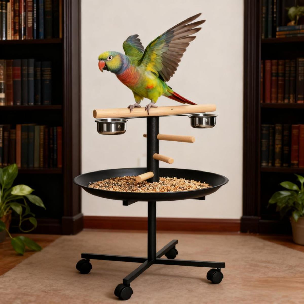 YANGXUN Grey Rolling Bird Feeder Station with Wheels Portable Parrot Play Stand with Wood Perches 2 Stainless Steel Feeding Bowls & High Edge Waste Tray