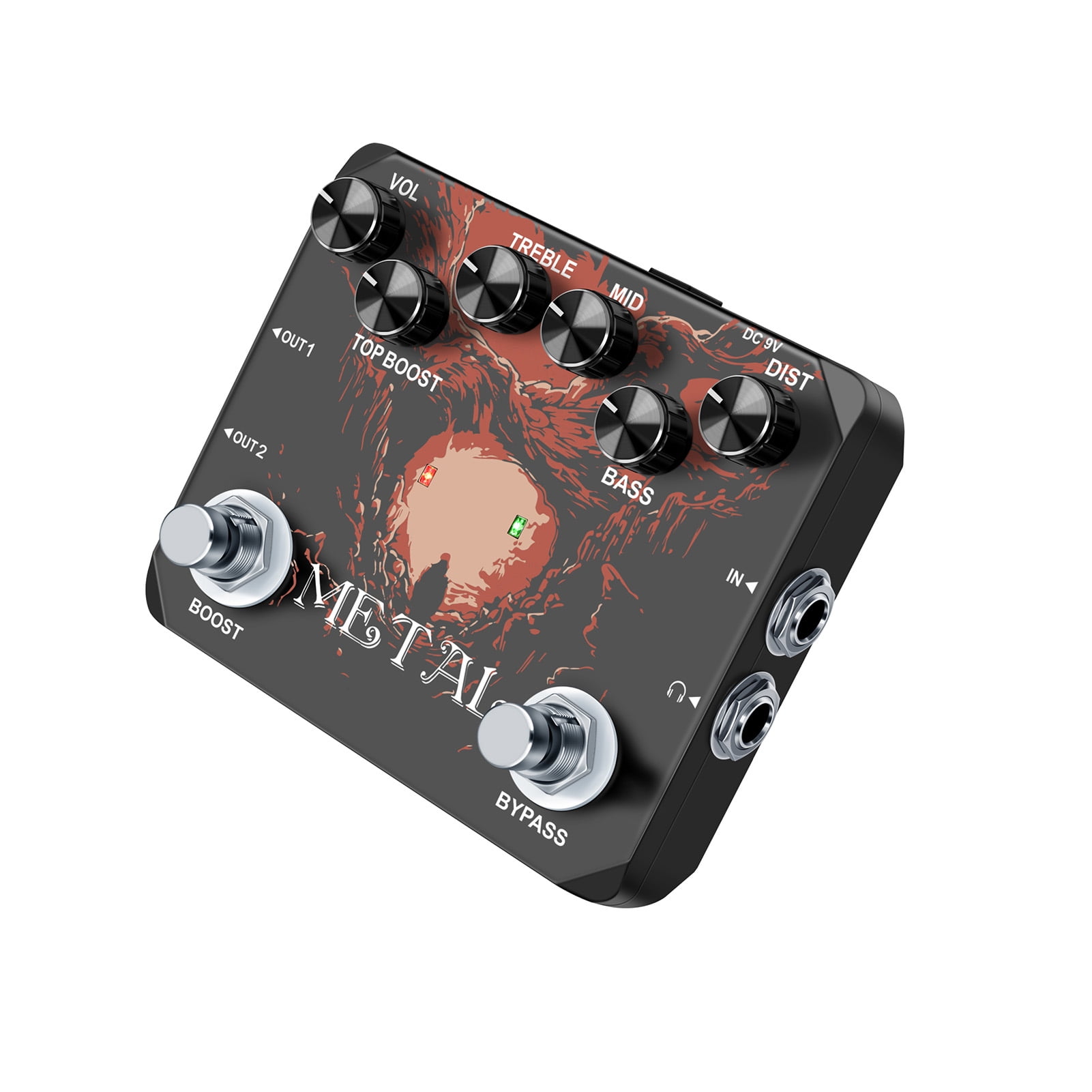 Rowin Metal Guitar Effect Pedal Traditional Metal Sound 80s 90s Headphone Output 6 Knobs True Bypass DC 9V Full Metal Case LTL-03