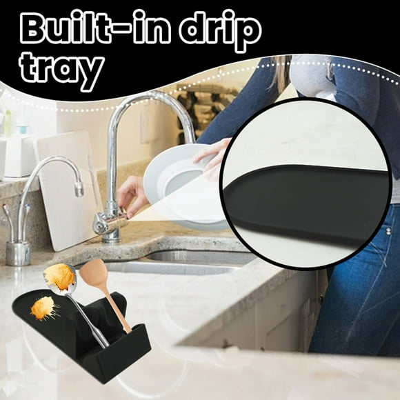 Soporte para utensilios de cocina, espátula con bandeja de drenaje y base antideslizante, organizador de cucharas y cucharones, ahorra espacio en la encimera para cocinas pequeñas y