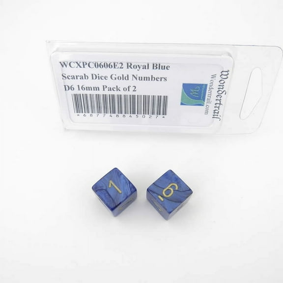Royal Blue Scarab Dice with Gold Numbers D6 Aprox 16mm (5/8in) Pack of 2 Wondertrail