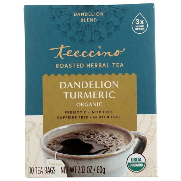 Teeccino Organic Roasted Herbal Tea, Dandelion Turmeric, 10 Bags