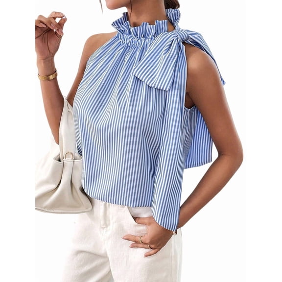Women'S Tank Tops High Necked Ruffle Striped Tie Sleeveless Blouse Top XL