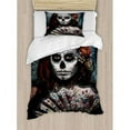 thumbnail image 3 of Day Of The Dead Queen Size Duvet Cover Set, Make up Artist Girl with Dead Skull Scary Mask Roses Artwork Print, Decorative 3 Piece Bedding Set with 2 Pillow Shams, Cadet Blue Maroon, by Ambesonne, 3 of 3