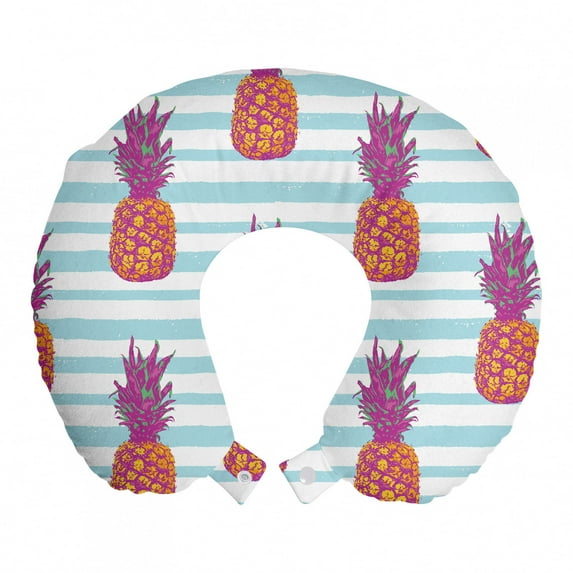 Modern Travel Pillow Neck Rest, Pop Art Themed Pineapple Illustration on Blue Stripes Retro Tones Print, Memory Foam Traveling Accessory Airplane and Car, 12", Dark Magenta and Orange, by Ambesonne
