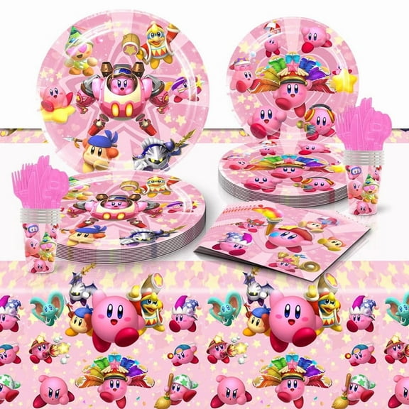 Kirby Star Allies Party Tableware Set Plates Cup Kit Birthday Supplies Decorations Disposable Dinnerware