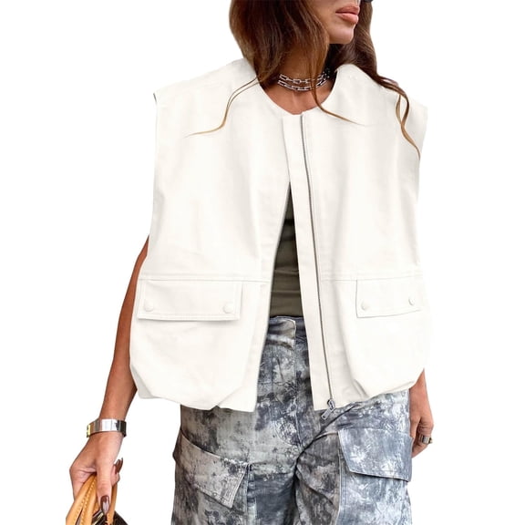Women Casual Zip Up Cargo Ruched Hem Sleeveless Blazer Vest Jackets