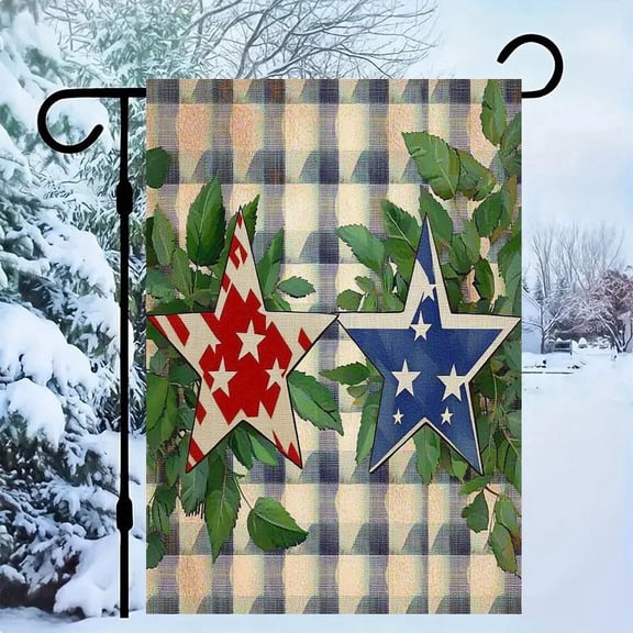 RKSupls Patriotic Linen Double Sided Garden Flag, Independence Day Themed Yard Decor, Stars Leaves Plaid Outdoor Banner for Holiday Lawn