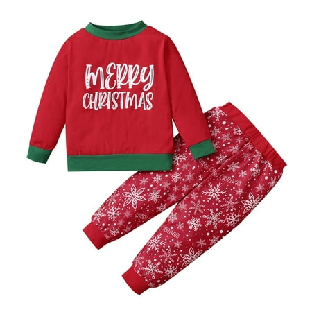 

NZRVAWS Infant Baby Boys Outfits 12 Months Baby Boys For Christmas Letter Print 18 Months Baby Boys Tops Snow Print Pants 2Pcs Clothes Set Red