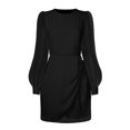 thumbnail image 7 of Womens Long Sleeve Crewneck Chiffon Dress Swiss Dots Solid Tie Waist Mini Dress Fashion Slim Fit Short Tunic Dress, 7 of 7