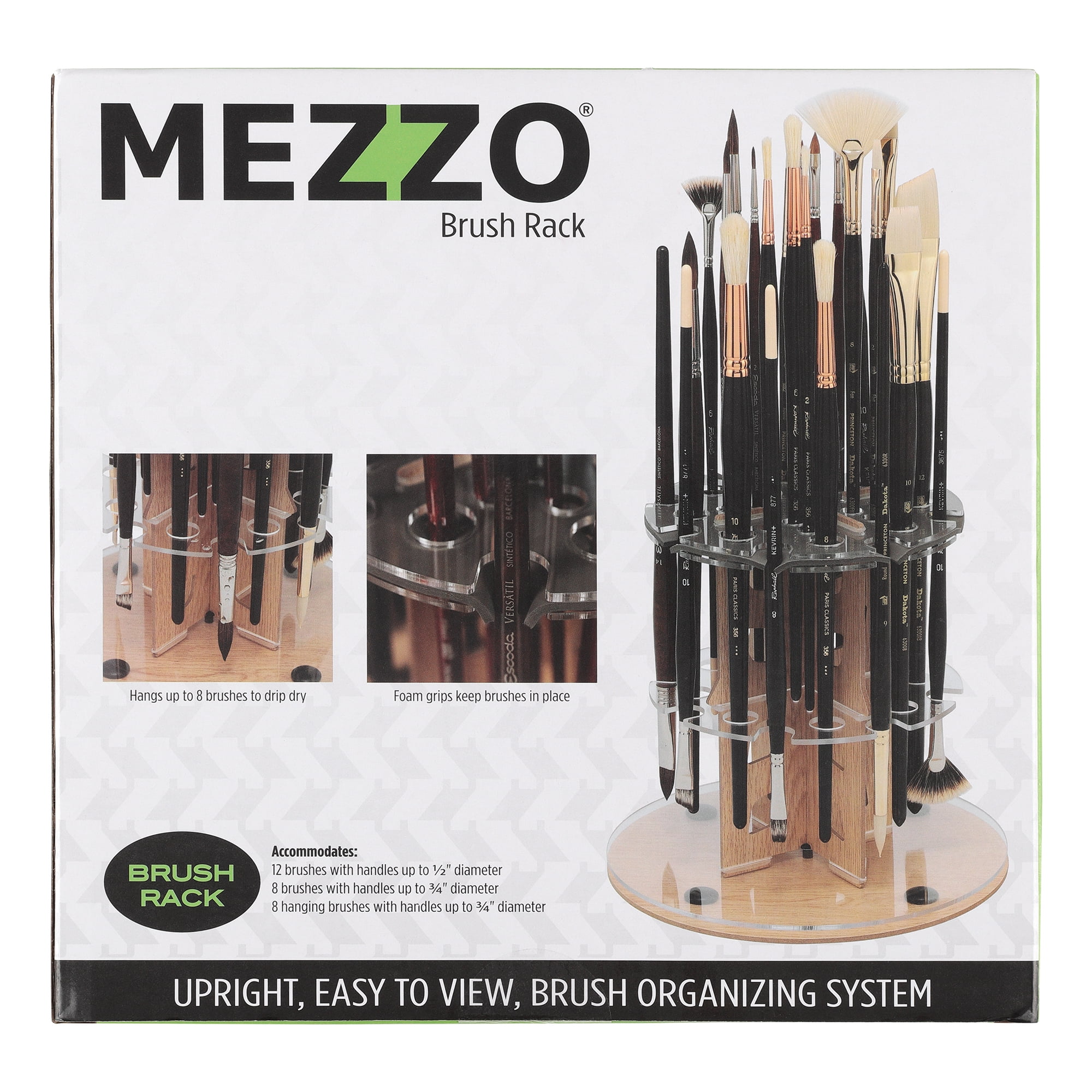 Mezzo Rotating Paint Brush Storage Rack with Mimik Reservoir Synthetic Kolinsky and Squirrel Liner Brushes #2, #4, #6, #8 - Wet Media Reservoir w/ Brush Drying Carousel- Holds Up to 28 Brushes