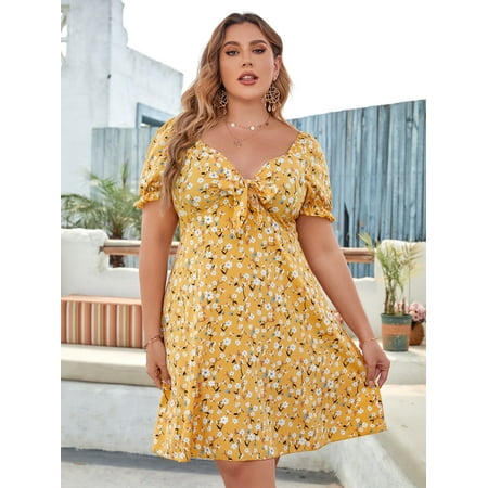 

Yellow Boho Women s Plus Allover Floral Print Knot Bust Sweetheart Neck Dress 2022 2XL(16) Y060D