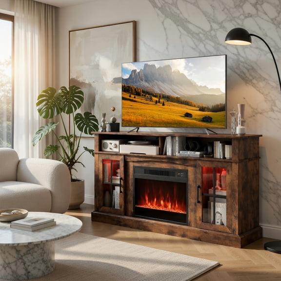 Demi Bonn 58 Inch Fireplace TV Stand with LED Lights, Storage Cabinets & Glass Doors, Electric Fireplace Entertainment Center for TVs up to 65 Inch, Rustic Brown
