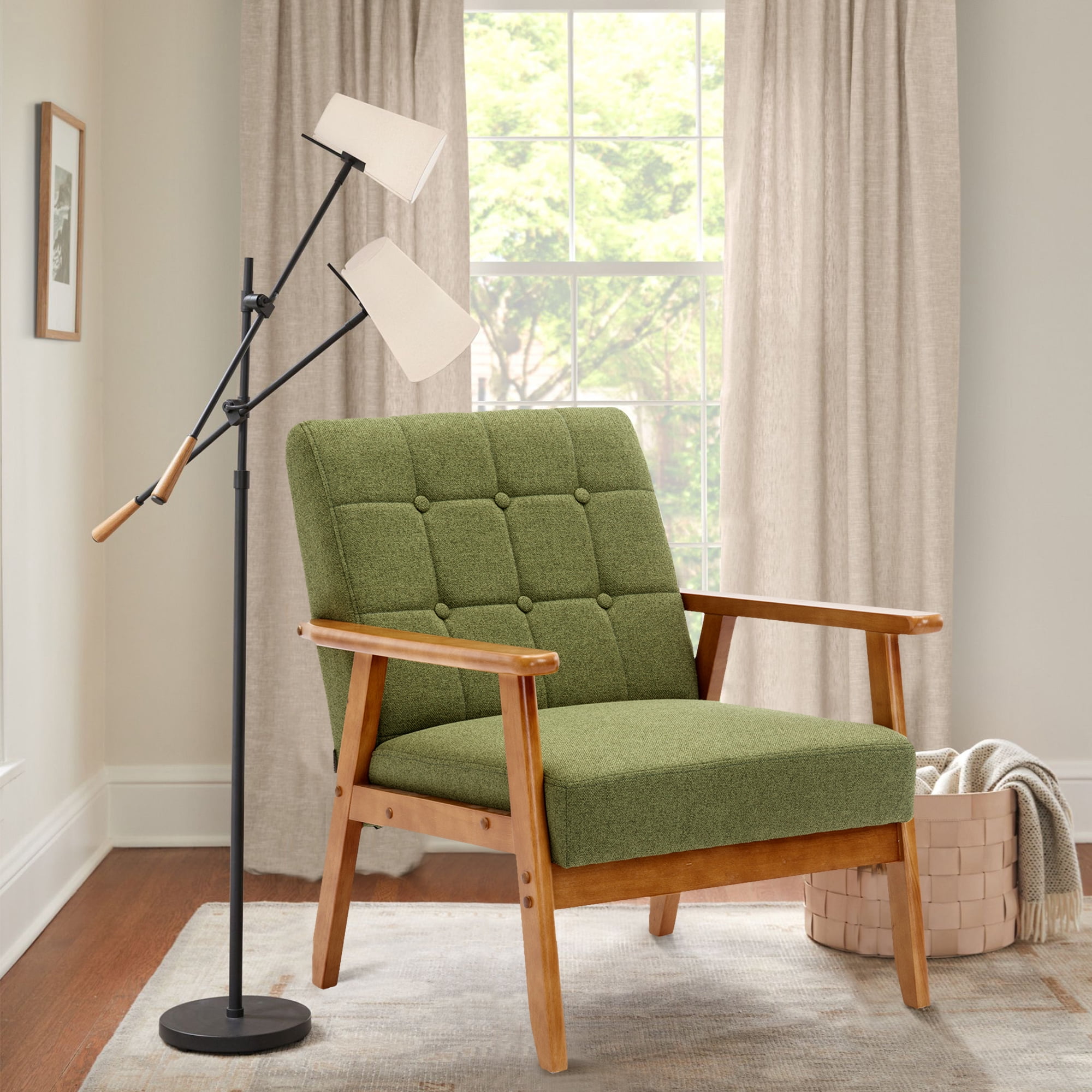 Miniyam Mid Century Modern Accent Chair with Wood Frame,Linen Fabric Single Reading Chair,Armchair for Living Room Bedroom Home Belcony Office,Green