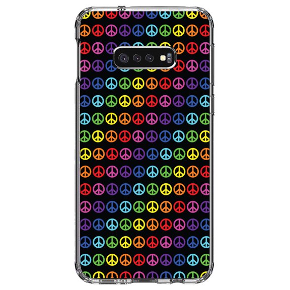 DistinctInk Clear Shockproof Hybrid Case for Samsung Galaxy S10e (5.8" Screen) - TPU Bumper, Acrylic Back, Tempered Glass Screen Protector - Black Rainbow Peace Signs