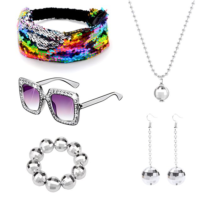 Accesorios de discoteca, diadema con lentejuelas, gafas de sol, collar, pendientes, bufanda de diamantes, pulsera de diamantes, traje