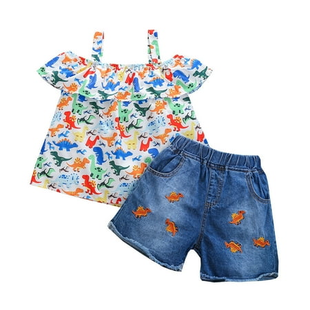 

Zlekejiko Toddler Girls Off Shoulder Ruffles Dinosaur Prints T Shirt Tops Denim Shorts Outfits Toddler Girl Winter Clothes 3 Piece Set Girls