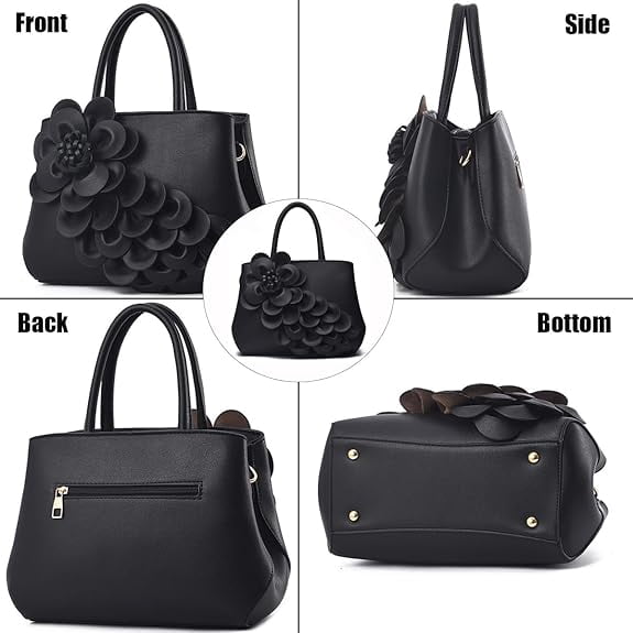 Women's Pu Leather Satchel Handbags 3D Flower Seris Evening Bags Crossbody Tote Purse Bag with Detachable Strap