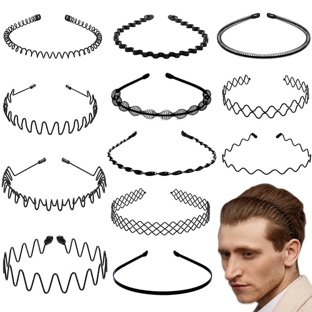 12 Piezas Diadema de Metal para Hombres Banda para el Cabello Negra Ondulada Ajustable Aro para el Cabello Antideslizante Unisex para el hogar, al Aire Libre, Deportes y Accesorios de Yoga